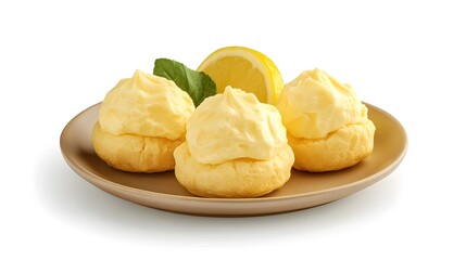 Delicious lemon cream puffs on plate with fresh mint garnish