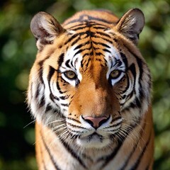 close-up of a tiger face, with its intense amber eyes locked on the viewer, whiskers twitching, and its orange and black stripes vividly standing out against the softly blurred greenery behind it