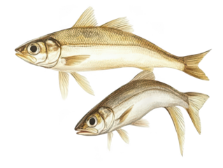Illustrated pair of European sea bass showcasing detailed scales and fins.