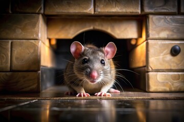 Obraz premium Rat peeking from hole in kitchen wall