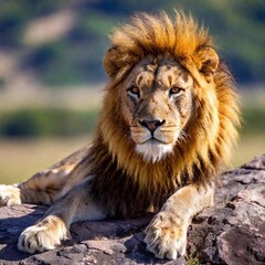 Obraz premium A macro photo of a lion resting on a rocky outcrop, deep focus on its relaxed posture and the texture of its mane, high-angle shot capturing the full body of the lion and the expansive landscape