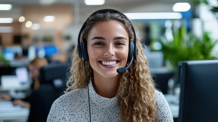 A woman with curly hair wearing a headset smiles warmly at her desk in a bustling, modern office environment. The room has a lively, open-plan design.