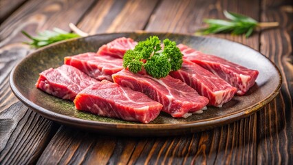 Fototapeta premium Raw beef meat on a plate ready to be cooked in a restaurant