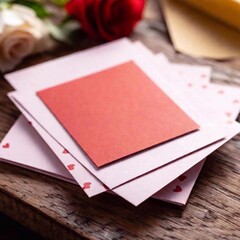 Fototapeta premium Close-up shot of a stack of Valentine's Day cards, empty mock up, with the top card in clear focus and the cards beneath softly blurred. Restoraunt on background, Valentine's Day. From above