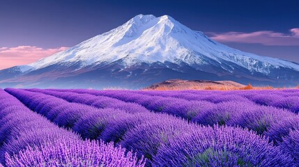 Naklejka premium A stunning sunrise over a field of lavender with a snow-capped mountain in the background.