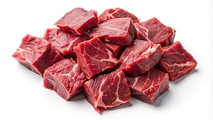 Obraz premium Raw beef pieces isolated on white background, minimalist style