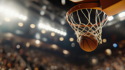 Basketball in mid-air approaching the hoop under arena lights. Action shot during a game with a blurred crowd in the background. Sports competition and scoring concept.