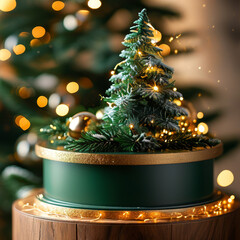 festive green product display podium for Christmas products, evergreen trees, twinkling lights elegant design with gold accents and a warm inviting glow for advertisement, ad, podium platform, product