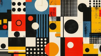 Obraz premium A colorful geometric pattern with Swiss influences, showcasing bold rectangles, squares, and circles