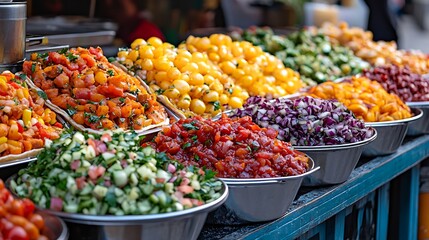 Obraz premium Freshly Prepared Salads and Sauces at a Market Stall.