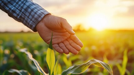 A farmer's hand gently touches a corn leaf as the sun sets over a lush agricultural field, representing connection, growth, and the cycle of nature.
