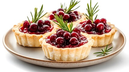 Delicious cherry tartlets with fresh rosemary garnish on plate