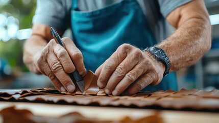 The hands of a skilled worker are engaged in cutting brown leather with a sharp tool on a textured work surface, displaying precision and care in craftsmanship.