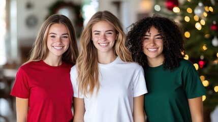 Three young women are smiling at the camera wearing red, green, and white shirts, standing indoors with blurred festive holiday decorations in the background.