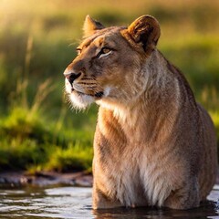Naklejka premium A full shot photo of a lioness bathing in the glow of a sunset, deep focus highlighting the silhouette of its full body, low-angle shot adding drama and grandeur to the scene