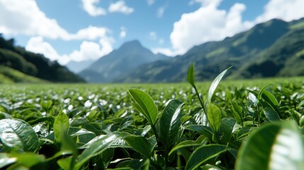 Obraz premium A vast tea plantation stretching toward distant mountains under a clear, sunny sky, capturing the lush greenery and serenity of the natural landscape and agriculture.