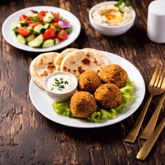 Middle Eastern Falafel Plate: A mouthwatering photo of a falafel plate, showcasing crispy falafel balls, hummus, tabbouleh, and pita bread, garnished with pickled vegetables and tahini sauce.