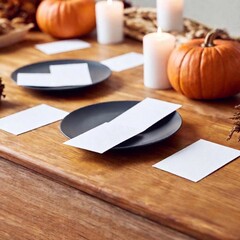 Close-up shot of a Thanksgiving table with scattered gratitude prayer cards, empty mock up