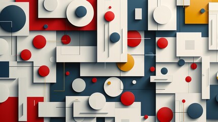 A colorful geometric pattern with Swiss influences, showcasing bold rectangles, squares, and circles