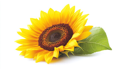Naklejka premium Bright Yellow Sunflower with Green Leaf on White Background