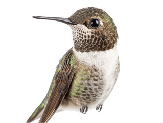 Close-up portrait of a hummingbird with iridescent green and brown feathers.