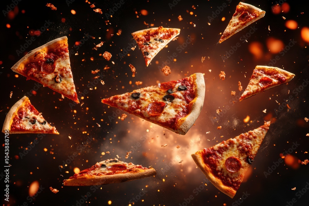 Poster slices of delicious pizza soar through the air in a lively arrangement, perfect for drawing attentio