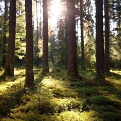 Obraz premium medium shot of a tranquil forest clearing bathed in soft evening light. The photo captures the delicate details of the forest floor, small plants, and sunlight filtering through the tall trees