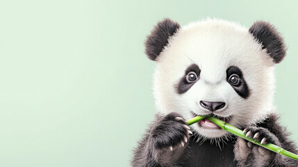 Obraz premium Adorable baby panda chewing on bamboo against a soft green background.