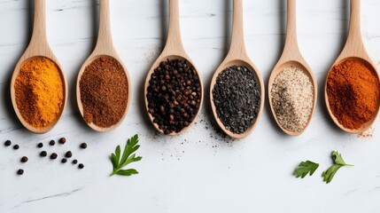 A row of wooden spoons filled with various colorful spices like turmeric, black pepper, and paprika, arranged on a white surface for a vibrant contrast.