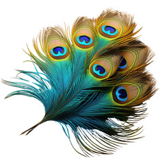 Obraz premium A feather with blue and yellow colors and five blue eyes