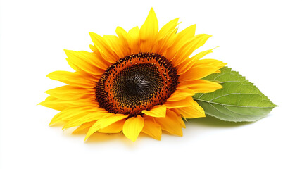 Obraz premium Bright Yellow Sunflower with Green Leaf on White Background