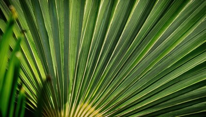Fototapeta premium Symmetrical Close-Up of Radiating Green Palm Fronds with Intricate Veins Highlighting Natural Patterns. Perfect for Botanical Concepts, Tropical Themes, and Nature Design Inspiration