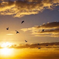 Obraz premium A flock of birds flying across a golden sunset sky