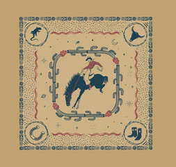western vintage bandana vector design, cowboy desert artwork for t shirt, poster, graphic print, western cactus desert pattern design 