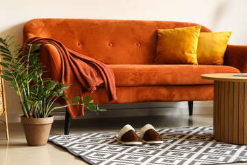 Pair of soft slippers in interior of living room