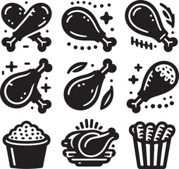 Chicken parts vector art, Icons, Fried chicken leg icon silhouette vector on a white background.