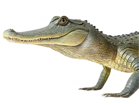 Side view of a juvenile alligator with detailed scales and sharp features.