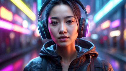 Beautiful young Asian woman wearing headphones outdoors. Futuristic cyberpunk style portrait.