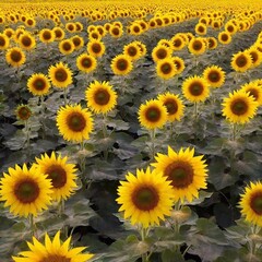 Obraz premium A contemporary depiction of a vast sunflower field during sunset, with warm tones and natural lighting. The modern style captures the serene beauty of nature in an authentic, unfiltered way.