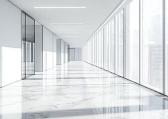 Obraz premium Modern office hallway with large windows and marble floor.