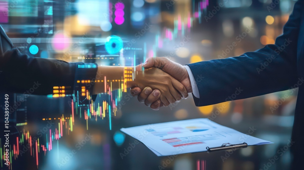 Poster two businesspeople shaking hands with a digital overlay of a stock chart and other data.