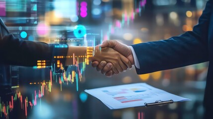 Two businesspeople shaking hands with a digital overlay of a stock chart and other data.