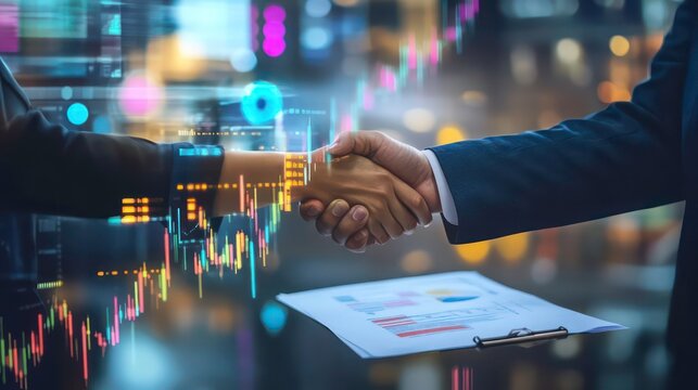 Two businesspeople shaking hands with a digital overlay of a stock chart and other data.