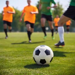 Obraz premium soccer game on soccer ball. soccer players on the grass in the field.