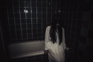 Portrait of asian woman make up ghost,Scary horror scene for background,Halloween festival...