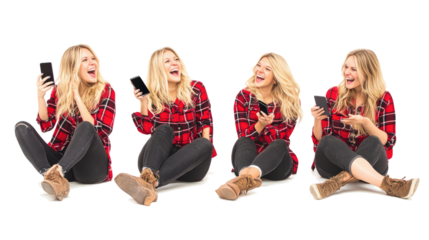 Blonde Women Joyfully Sitting on the Floor While Watching Smartphones Generative AI