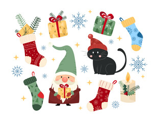 Christmas set with cheerful gnome, black cat in winter hat, decorated stockings, wrapped gifts, snowflakes and holiday candle on white background. Cute traditional symbols of family Christmas holiday.