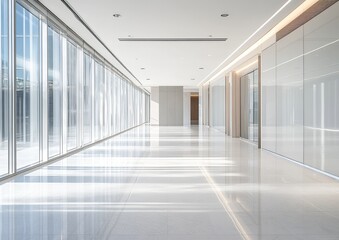 Fototapeta premium Modern office hallway with large windows and a white tiled floor.