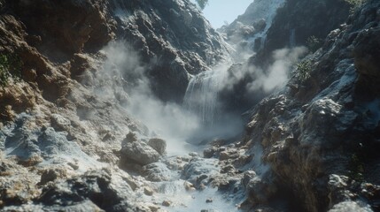 A misty waterfall cascades down a rocky mountainside, creating a serene and ethereal scene.