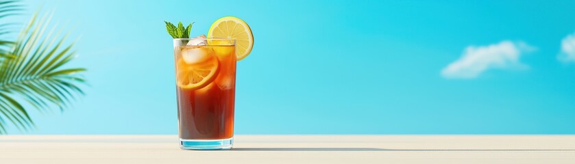 Fototapeta premium Refreshing iced tea with lemon and mint on a summertime background.